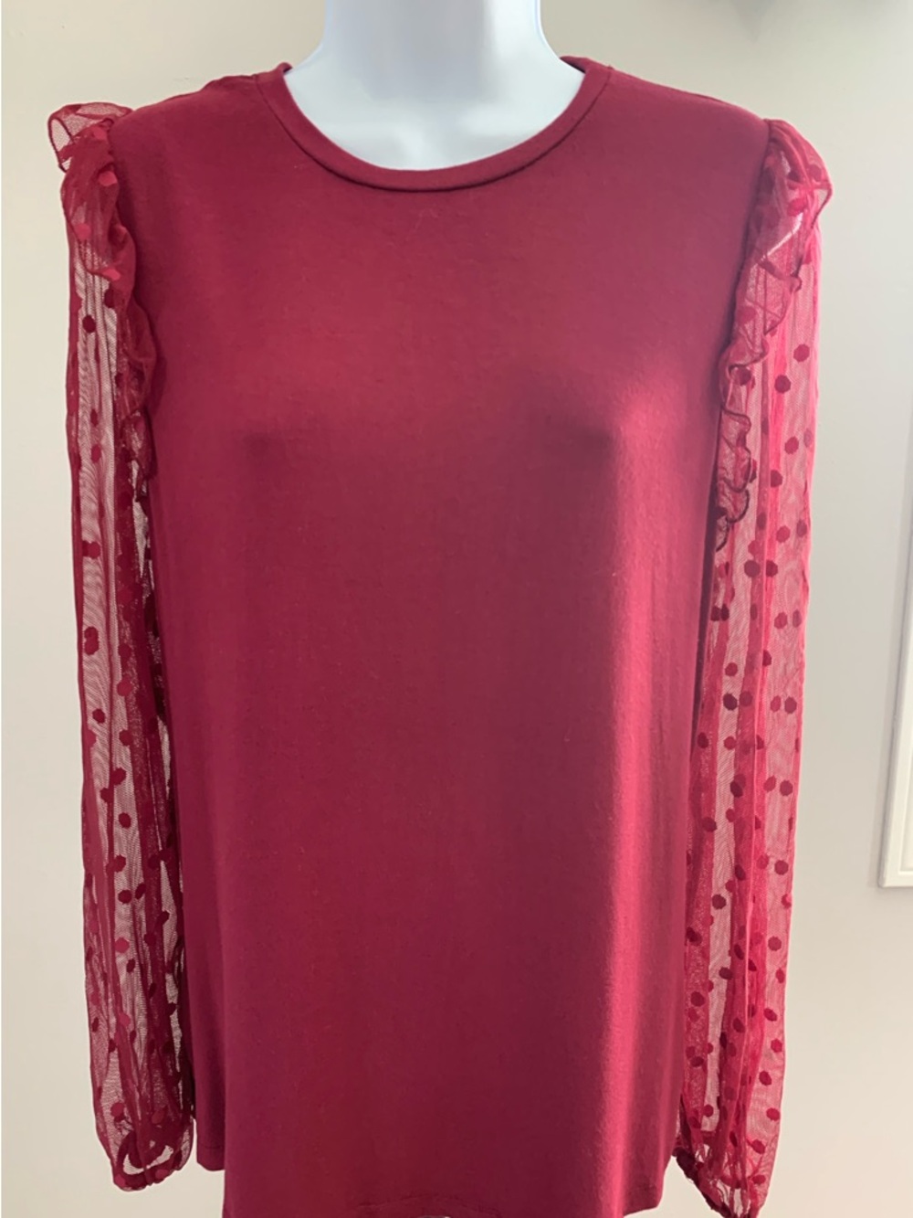 Les Serein Burgundy Top with Sheer Polka Dot Sleeves